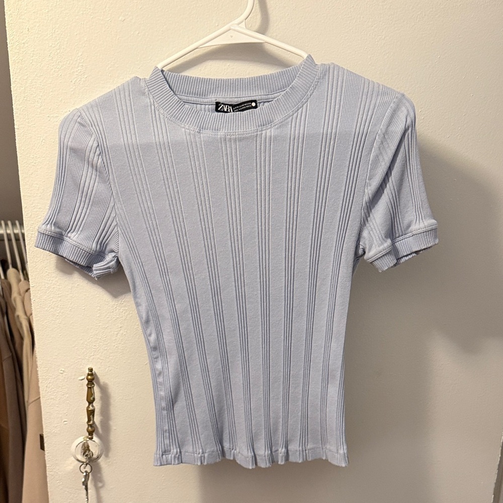 Zara Sky Blue Ribbed Short Sleeve Top
